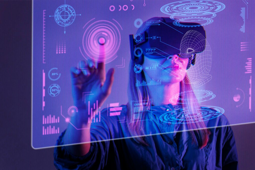 Girl in futuristic glasses in front of a digital screen