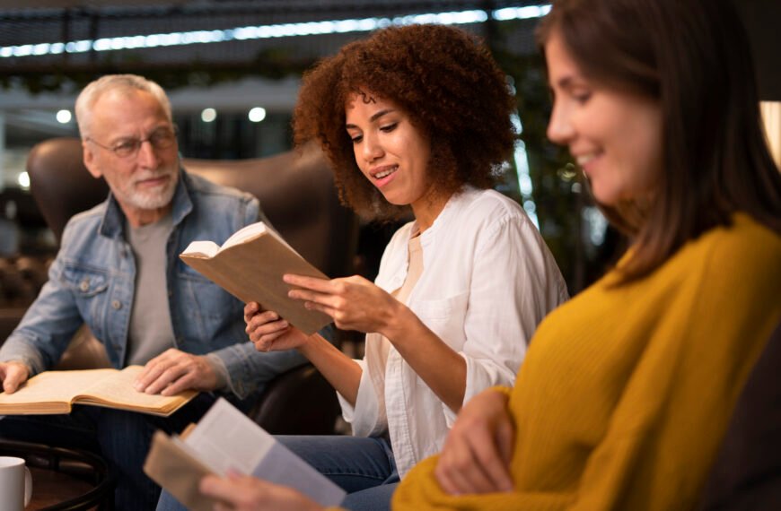 Women ready a story to others