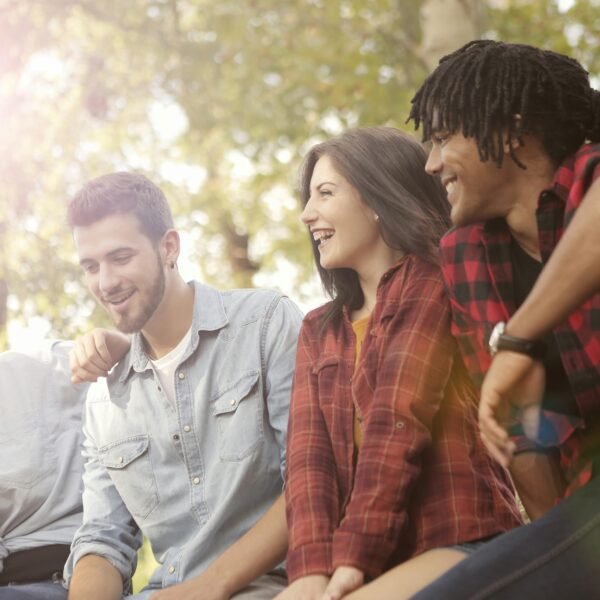 A group of people outside laughing