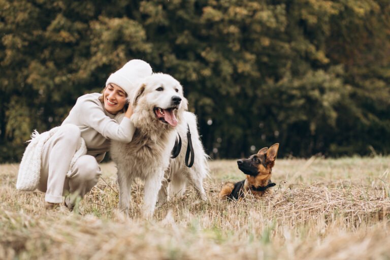 woman walking her pet dogs in the field