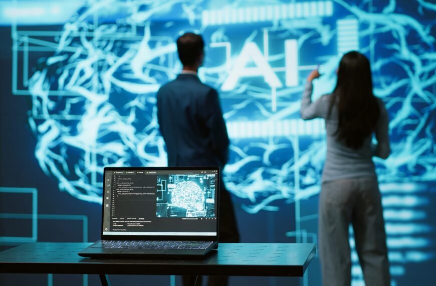 two people in futuristic office working alongside artificial intelligence
