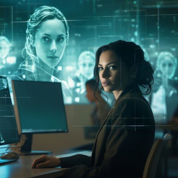 Woman in front of her monitor surrounded by digital images of human faces