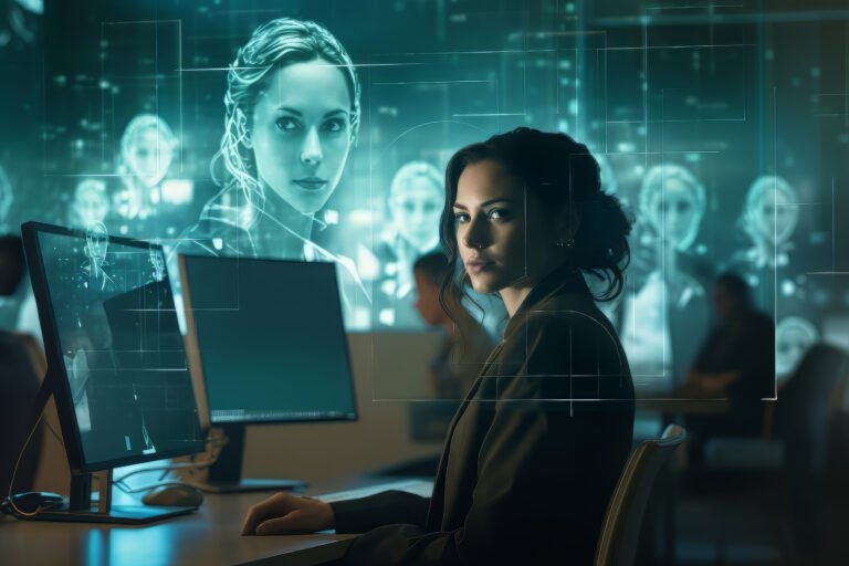 Woman in front of her monitor surrounded by digital images of human faces
