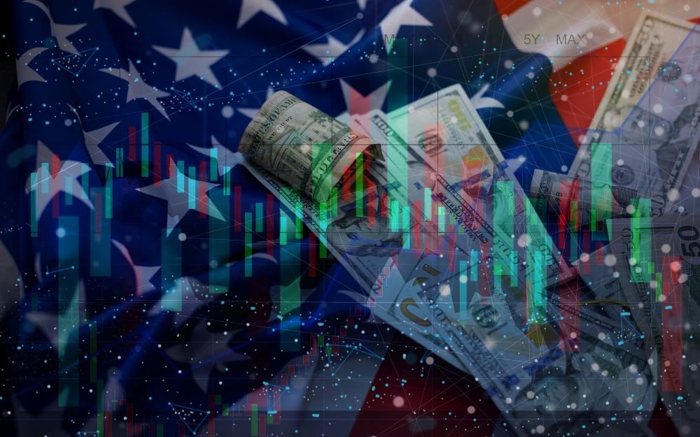 Stock Market, American Flag, and US Dollars representing US economy