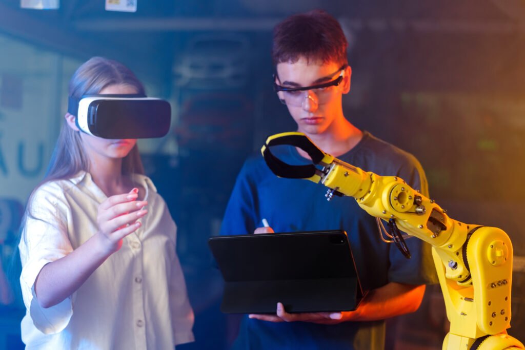 young man and women in a futuristic workplace working alongside robotic arm and artificial intelligence