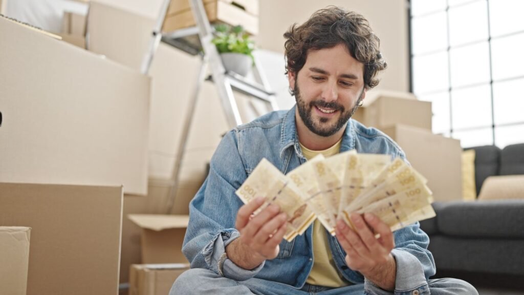 Young man in his room holding money in his hands