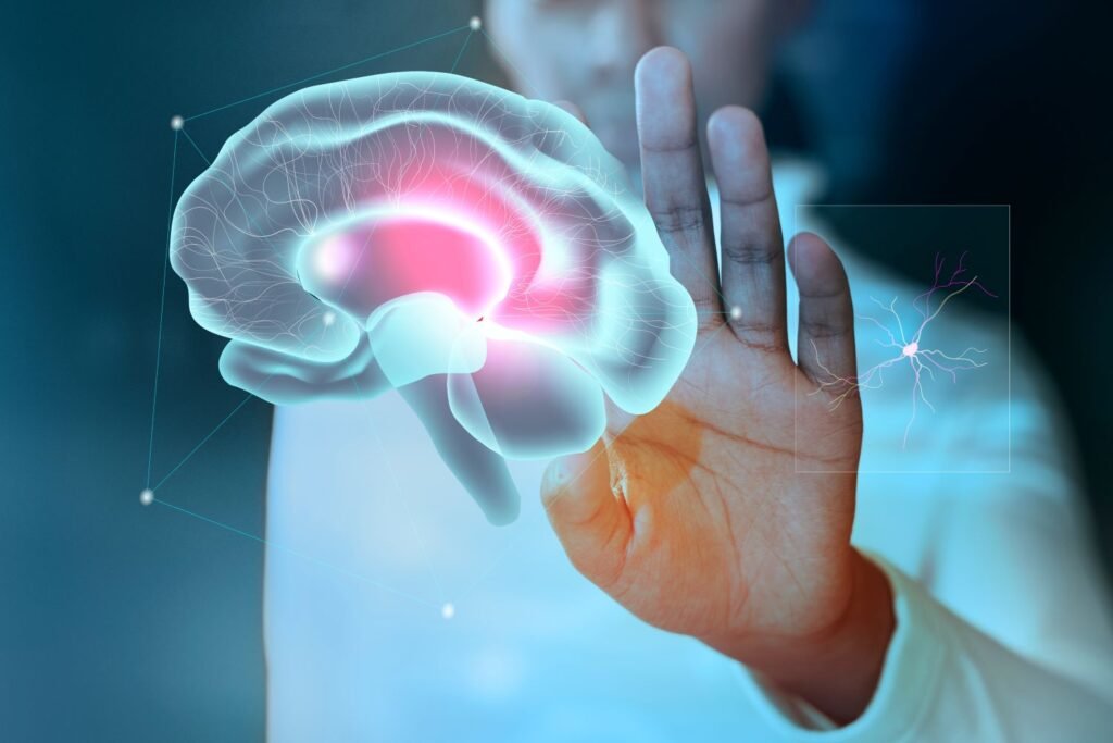 man touching a digital image of human brain