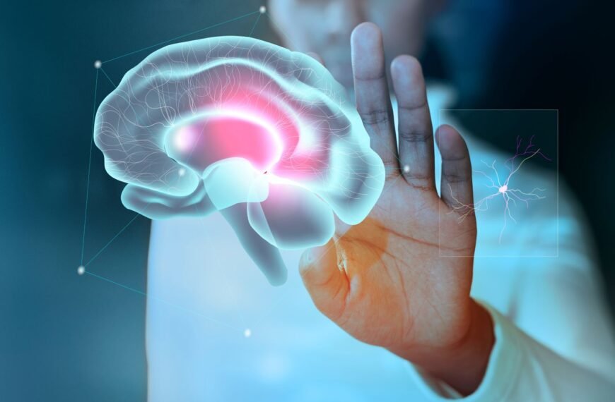 man touching a digital image of human brain