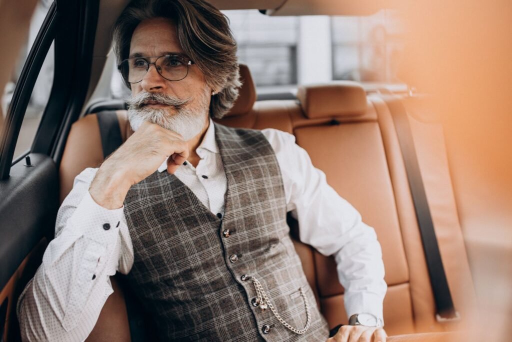 Rich man sitting in the back of his luxury car