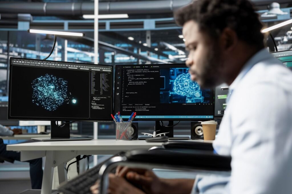 Man in futuristic office setting working along AI technology