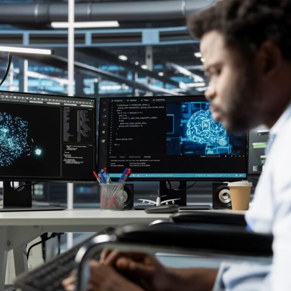 Man in futuristic office setting working along AI technology
