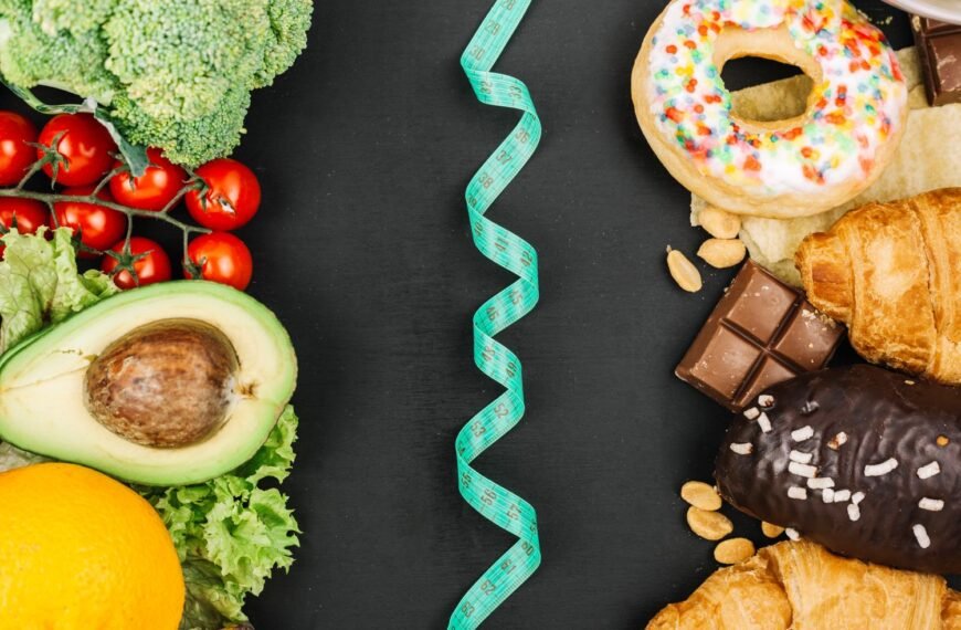 Image of healthy vegetables on one side versus unhealthy sweets on the other side divided by tape measure