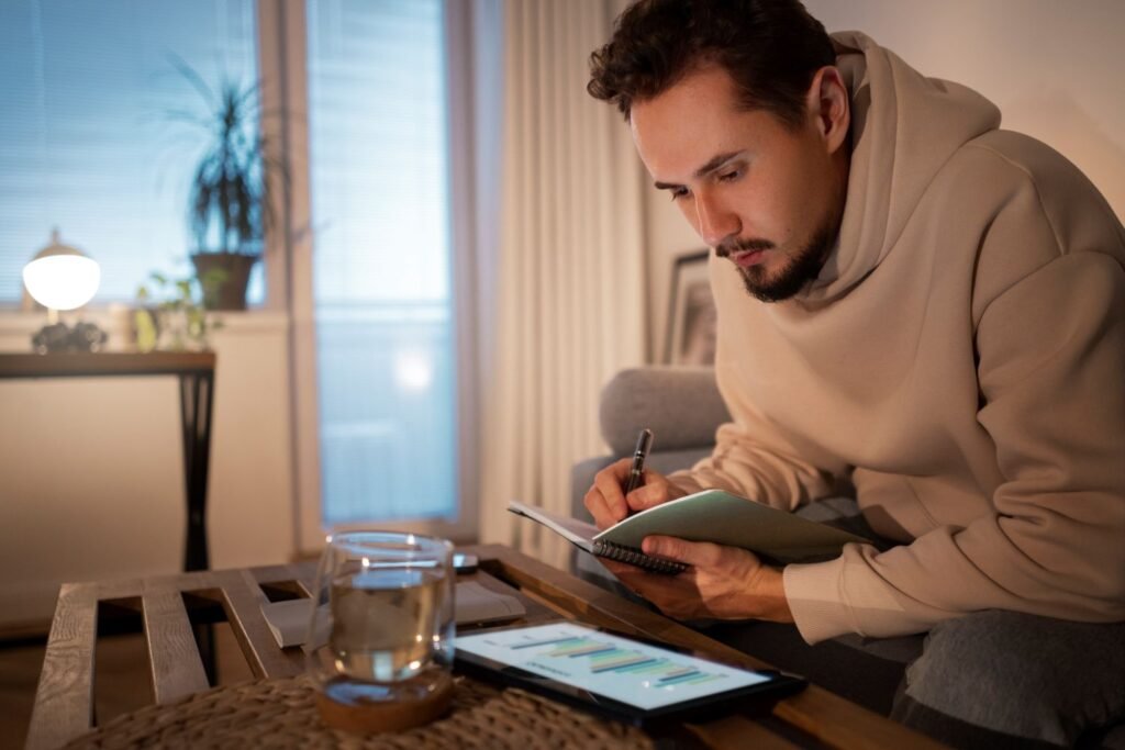 Young man in his home writing in his notebook while looking down on his tablet that shows graphs