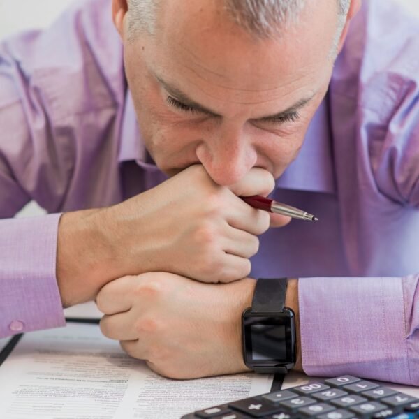 Stressed man is looking down on papers and calculator obviously seemed stressed about money