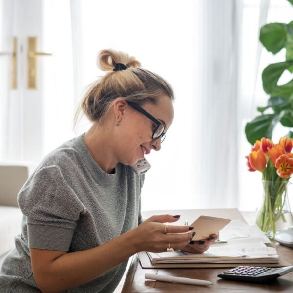 Woman in her living room at her desk talking on a phone and looking at paperwork