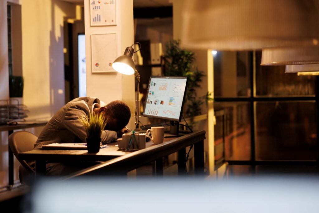 Mentally burned out man in office